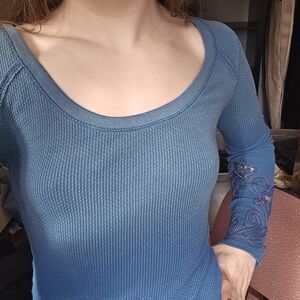 Free People Teal Long Sleeve Thermal Top Blouse